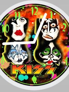 KISS Band Face Clock Wall Art - Colorful Neon Portraits